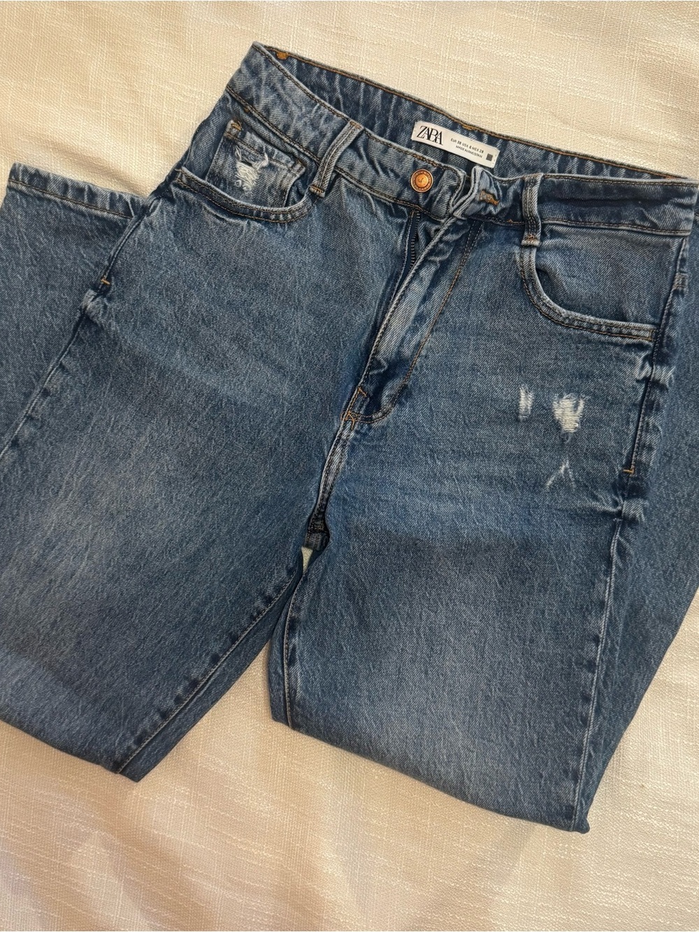 Zara Classic Blue Distressed Straight-Leg Jeans